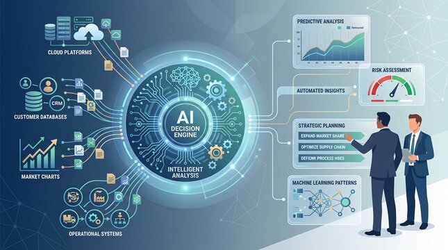 Ai powered intelligent decision engine driving automated business strategy with analytics enhance strategic planning operational efficiency businesses