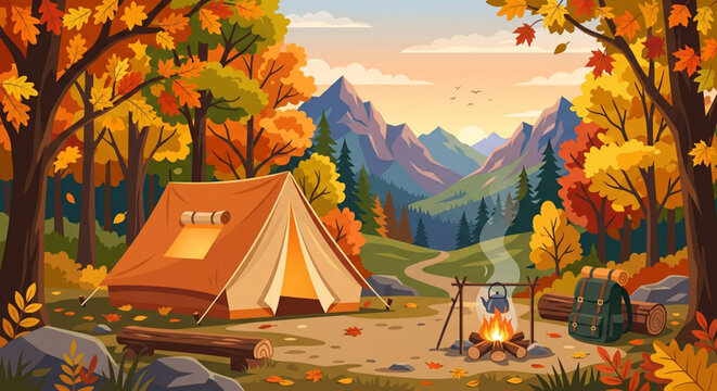 Autumn camping landscape vector, mountain forest campsite with orange tent and campfire, fall wilderness scenery illustration