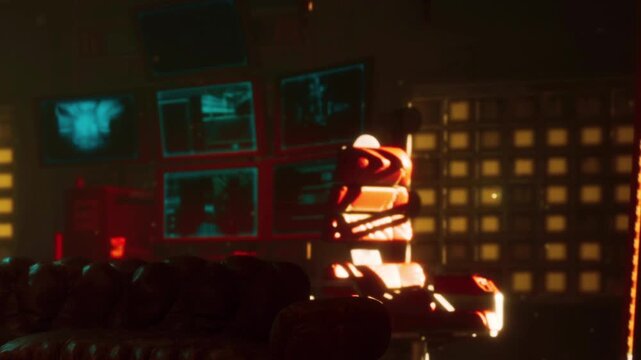 A robot stands in a dimly lit space filled with digital screens showing data. The background features various lights and a couch, creating a technology focused environment.