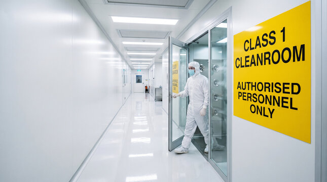 Technician at an air shower cleanroom entrance in a semiconductor fab
