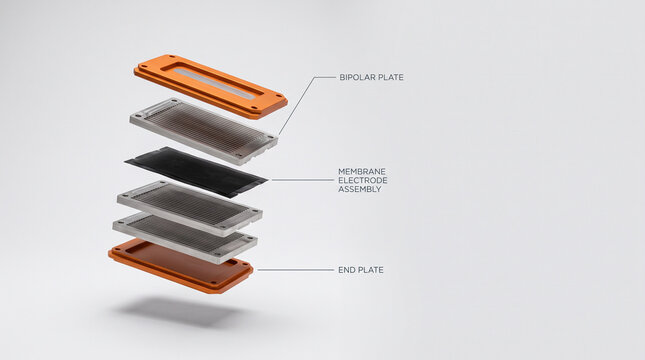 Hydrogen fuel cell stack exploded view with labelled components