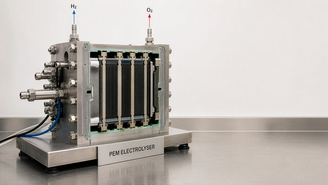 PEM electrolyzer stack cutaway with hydrogen and oxygen outlets