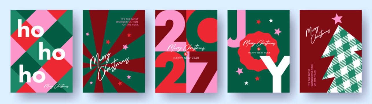 Modern Christmas card collection with bold typography, geometric ornaments and festive illustrations. Ideal for branding, packaging, posters, greeting cards and social media, print.