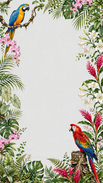 Tropical botanical border with parrots and copy space