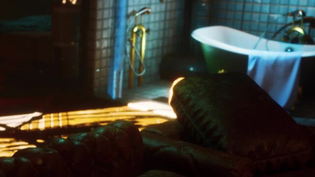 A bathroom with a green bathtub and a couch nearby is shown. Light reflects off the floor. The scene appears warm during the evening hours when light is dim.