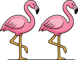 Obraz premium Pair of cute pink cartoon flamingo birds standing on one leg isolated on a clean white background for tropical summer designs