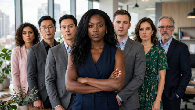 Confident diverse business team standing in office