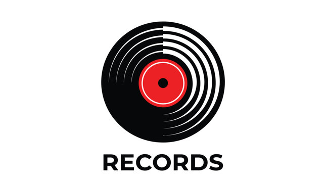 Minimalist black and red vinyl record vector illustration displaying smooth concentric circles for creative musical branding