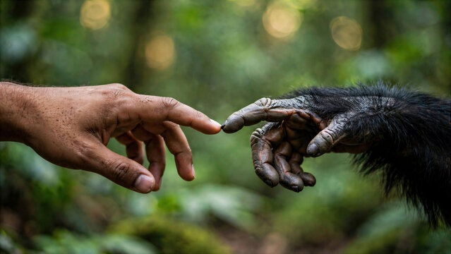 Human hand reaching toward chimpanzee hand in forest