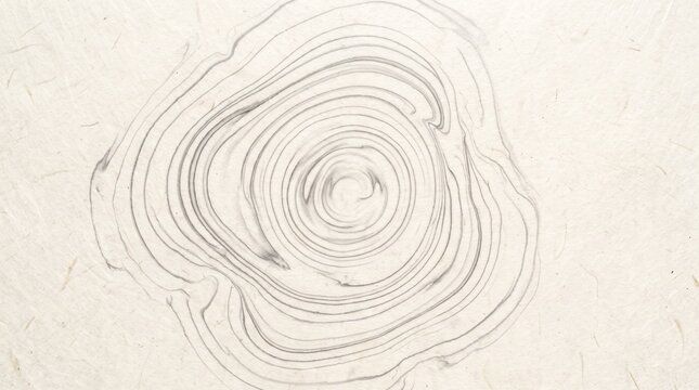 Abstract circular ink pattern on textured off white handmade paper surface for artistic background with rings centered textured pattern resembles tree