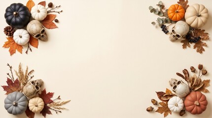 Obraz premium Festive Autumn Halloween Flat Lay Design with Pumpkins, Skulls, and Fall Leaves Decorating Corners on a Light Neutral Background for Seasonal Celebrations