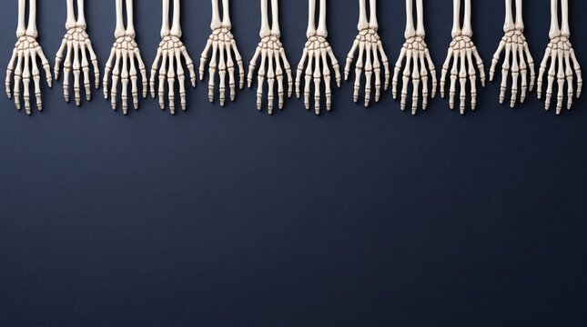 Row of skeleton hands hanging overhead against a dark background for spooky Halloween designs and concepts
