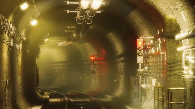 A tunnel shows train tracks running through it. Red lights shine on the walls. The atmosphere is dark with faint lighting. The scene appears quiet and empty.