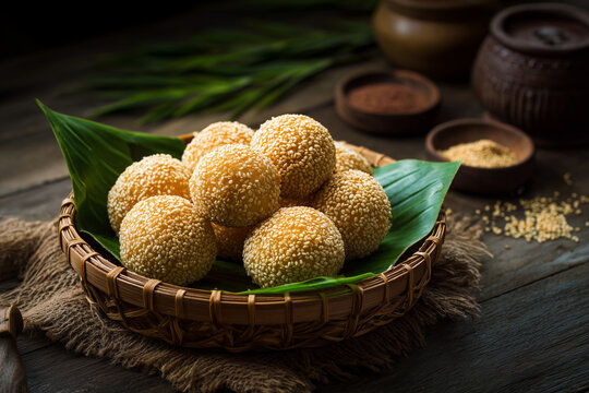 Traditional indonesian onde onde sesame seed balls in a bamboo basket
