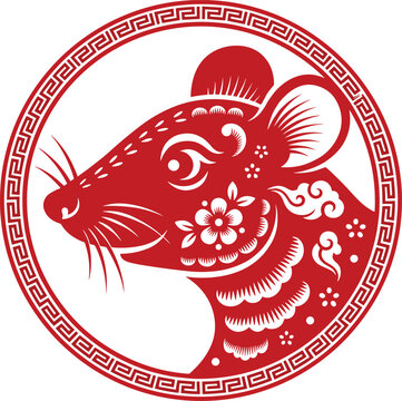Traditional Chinese New Year papercut red rat head emblem inside circular geometric meander border frame isolated on white background