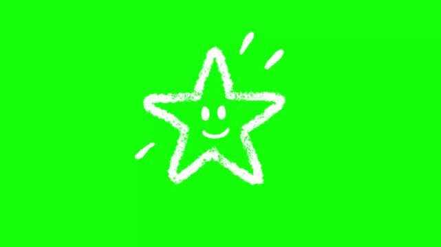 Handdrawn smiling star animation on bright green screen background for video overlay and motion design.