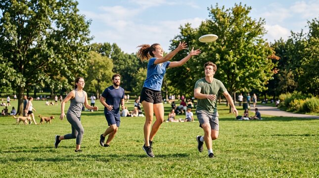 Young adults playing frisbee in a sunny park with trees and people relaxing in the background