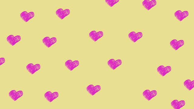 Pink heart pattern on pastel yellow background, cute handdrawn romantic seamless texture for modern design.