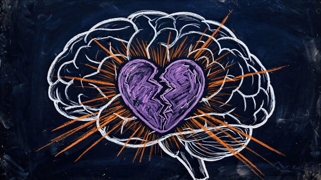 Broken heart drawn inside glowing brain illustration