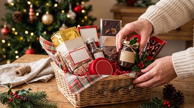 Person assembling a Christmas gift basket filled with gourmet treats and holiday decorations