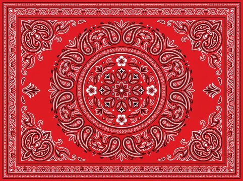 Seamless red bandana pattern with traditional paisley and floral motifs