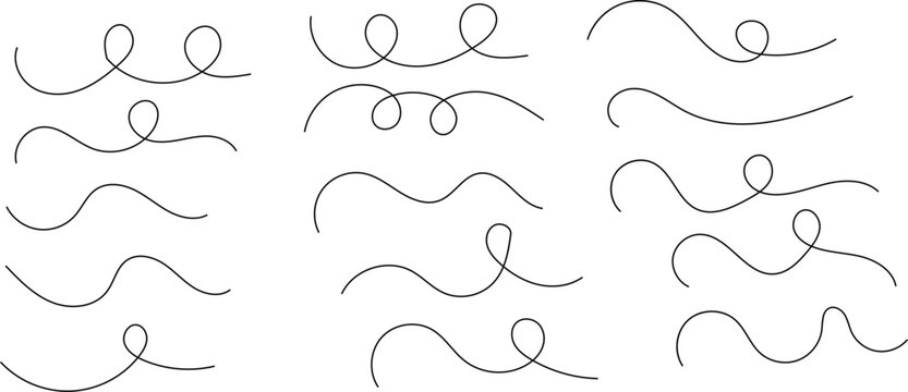 curved spiral swirl wavy line set. Flowing curves doodle lines. elegant loops and swirls for creative abstract graphic design layouts and decorative web elements