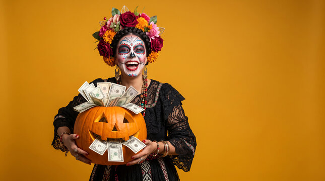 Woman in sugar skull makeup and floral headdress holding a pumpkin full of money, symbolizing wealth and celebration, perfect for Halloween or Dia de los Muertos.