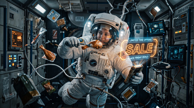 Astronaut in zero gravity eating chicken, surrounded by floating food packets and a glowing "SALE" sign, conceptualizing unique commerce.