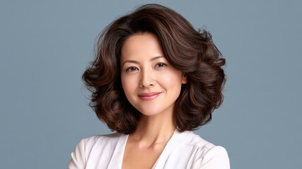 Fototapeta premium Confident woman with stylish hair in professional attire smiling
