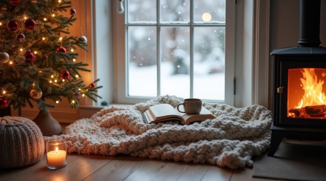 Un acogedor rinc&oacute;n de lectura invernal junto a una ventana cubierta de nieve, con el resplandor de la chimenea reflej&aacute;ndose suavemente en el suelo de madera