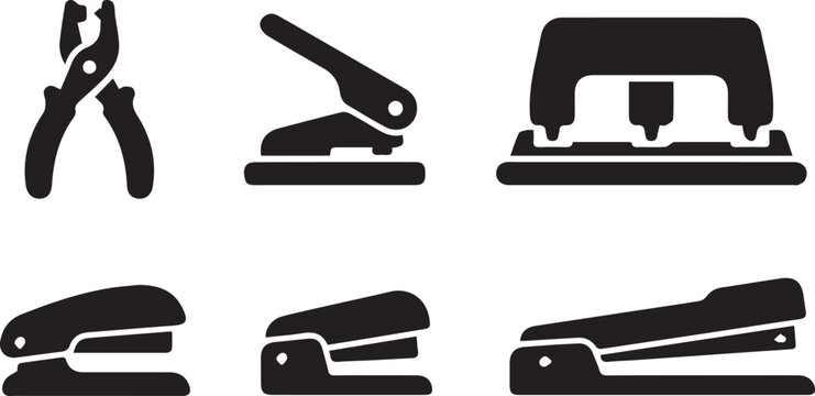 Office Staplers And Hole Punches Black Vector Silhouette Set