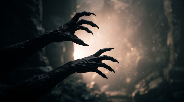Silhouette of gnarled, clawed hands reaching out, with a hazy, light-filled background, symbolizing fear, the unknown, or a monstrous presence, evocative of horror themes