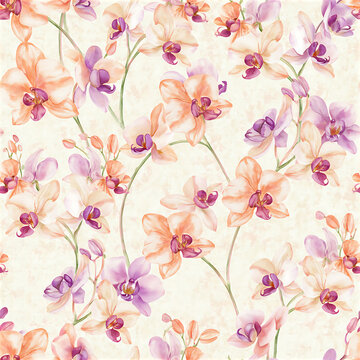 Repeating watercolor orchid pattern with flowers in soft colors