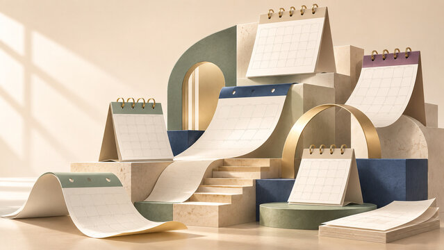 Blank Calendar Sheets Forming an Architectural Structure for Future Planning and Time Management Concept