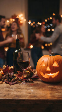 Carved pumpkin, wine glass, bottle, and autumn leaves on a wooden table with blurred people dancing in the background, symbolizing festive celebration and seasonal gathering.
