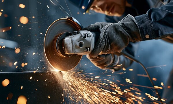 Industrial worker use angle grinder create bright spark in factory shop