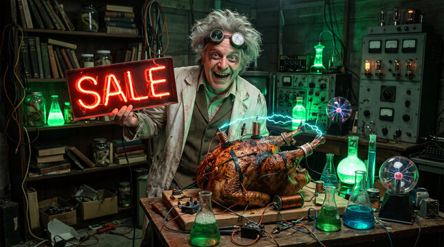Mad scientist showcasing a roasted turkey with electrical wires, holding a neon SALE sign, signifying a bizarre and electrifying offer.