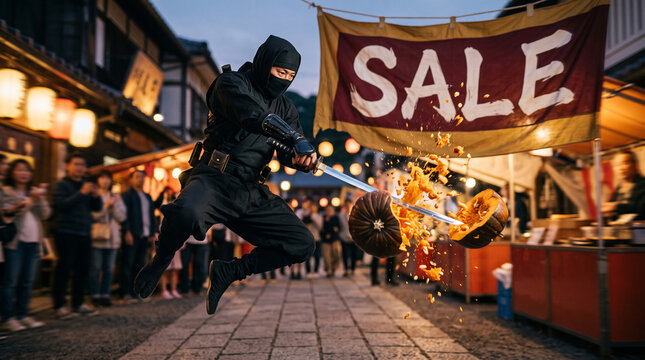 Ninja slicing pumpkin mid-air with a sword at a street market. Symbolizes skill, action, and a sale event.