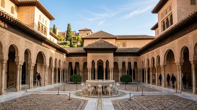 Alhambra Palace Courtyard, Granada, Spain - Moorish Architecture and Fountain