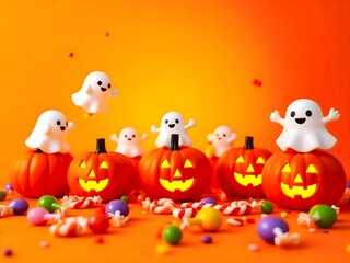 Fototapeta premium Cute Halloween Party with Pumpkins on Orange Background