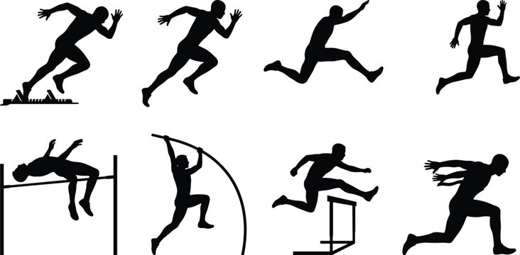 Black silhouettes of athletes performing track and field sprint, jump, hurdle, and pole vault events