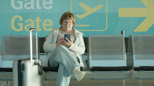 Mature female traveler sits in airport lounge and browses smartphone screen. Senior passenger spends free time online waiting for flight. Modern terminal provides comfortable waiting area.
