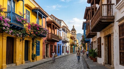 Fototapeta premium Colorful Colonial Street with Balconies and Cobblestones