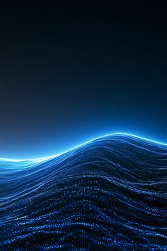 Abstract blue wave digital landscape with glowing particles for concept art