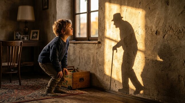 Child's imagination: Boy sees shadow of old man with cane on wall