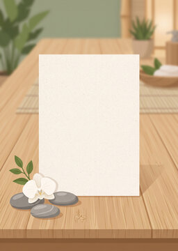 Spa mockup blank card with orchid and zen stones on wooden table