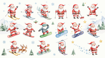 Obraz premium Watercolor Santa Claus Skiing and Snowboarding Set, Cute Christmas Winter Sport Character Collection