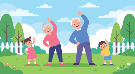 Fototapeta premium Happy Family Healthy Lifestyle and Morning Exercises Graphic