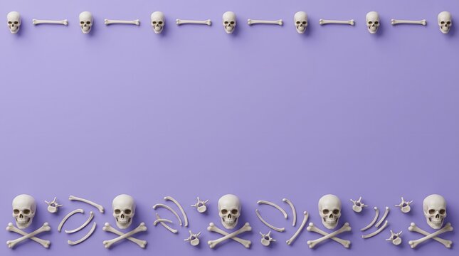 Top and bottom borders made of silver skulls and crossbones on a solid purple background for halloween design