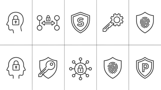 A 2x5 grid of ten blackline icons depicting security concepts like locks shields keys and fingerprints